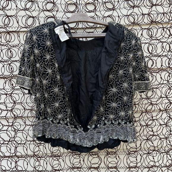 Vintage Adrianna Papell Boutique Evening Black Silk Beaded Daisy Floral Blouse - Picture 4 of 7